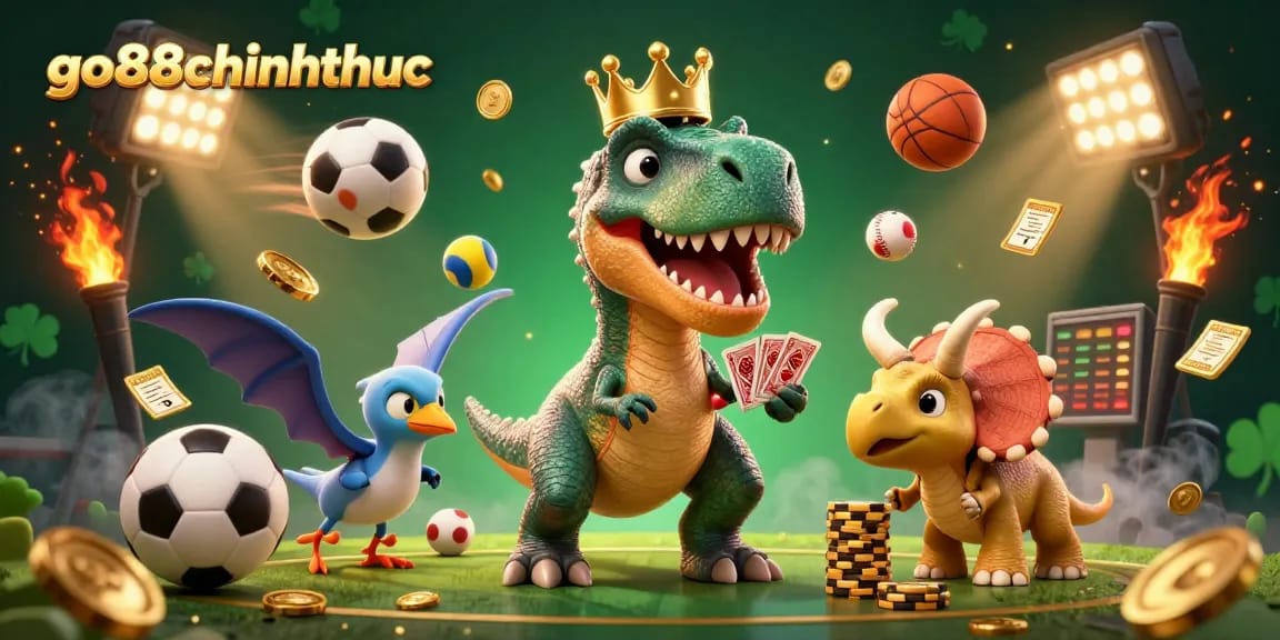 Engage with action-packed gaming at go88chinhthuc featuring a cartoon T-Rex, pterodactyl assistant, and casino elements.