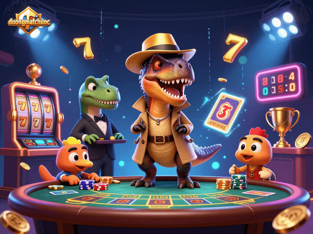 Experience duongmatchuoc's vibrant casino scene with a velociraptor card counter sneaking chips in a lavish environment.