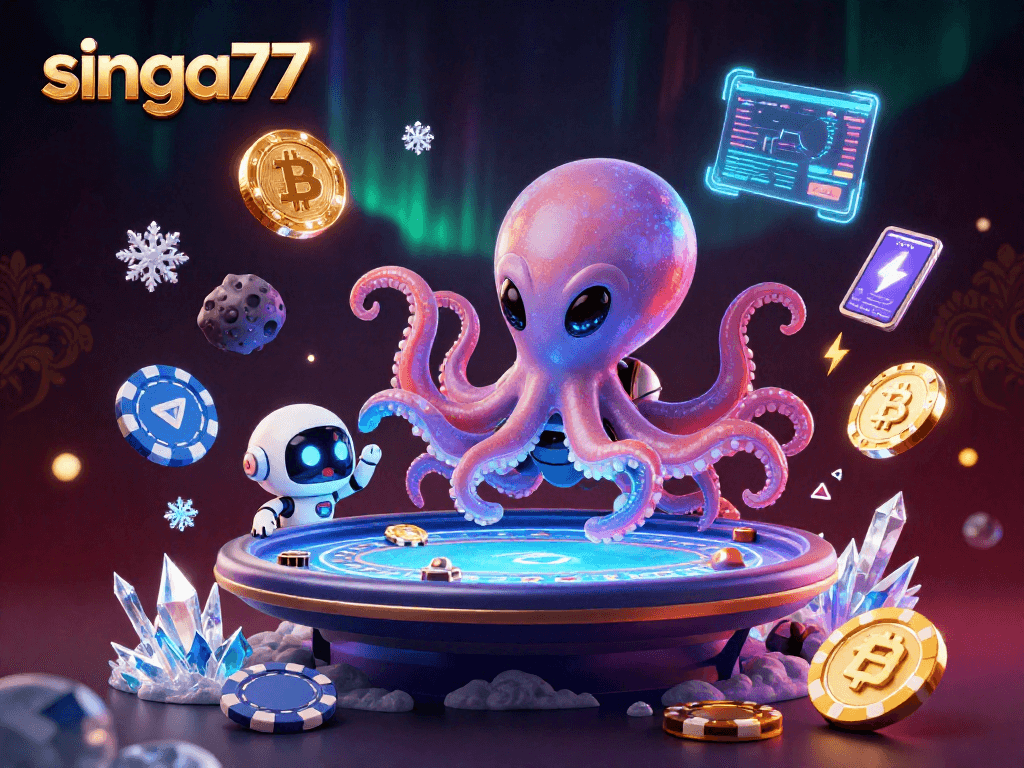 Singa77 engages players with holographic poker in a vibrant cosmic setting filled with crypto elements.