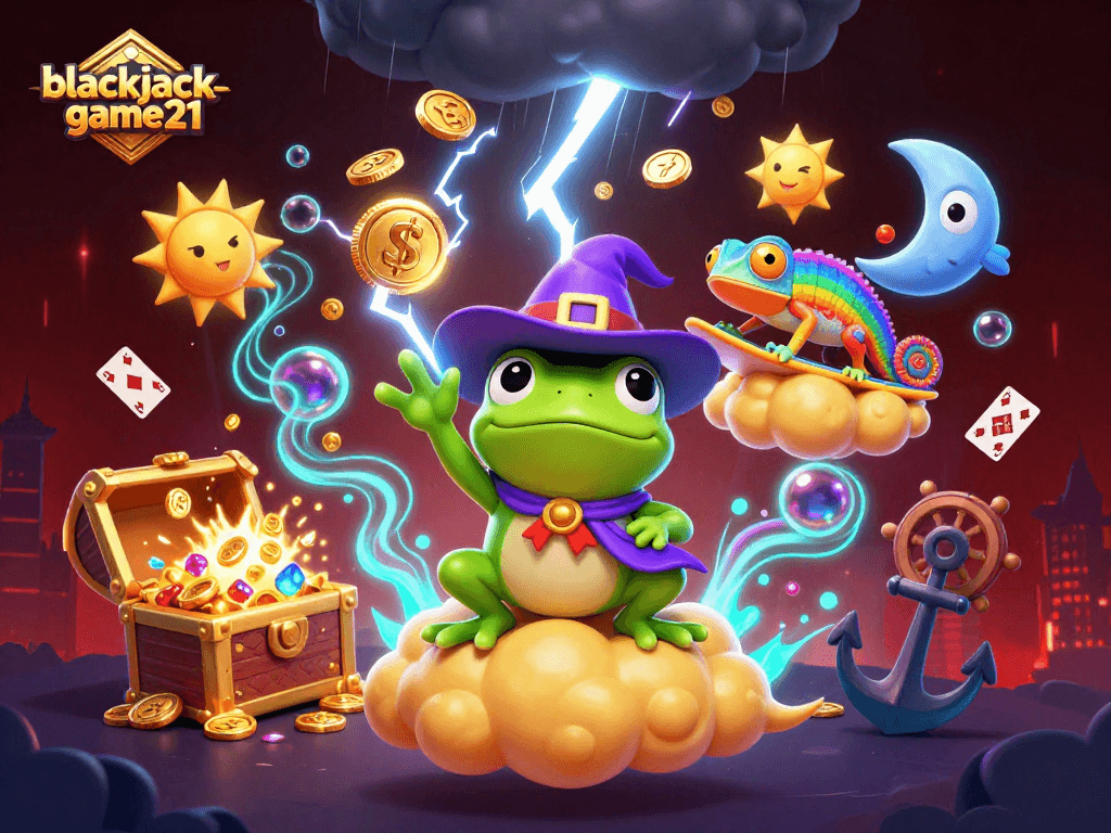 Experience a thrilling moment with blackjack-game21 featuring a colorful storm of coins, cards, and mystical elements.