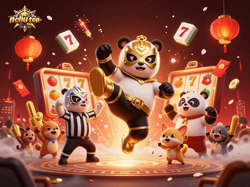 Engage with nohu-toa-thap as a flying panda wrestler kicks off a thrilling slot battle in style.
