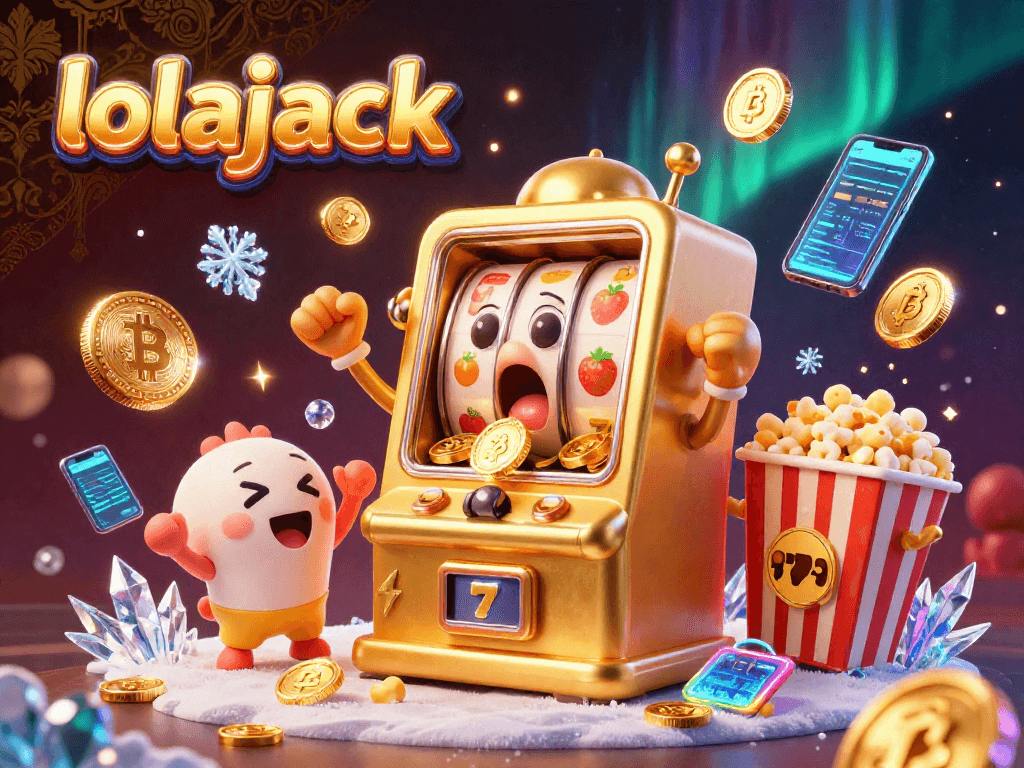 Engage with lolajack's thrilling jackpot as a golden slot machine unleashes a cascade of coins.
