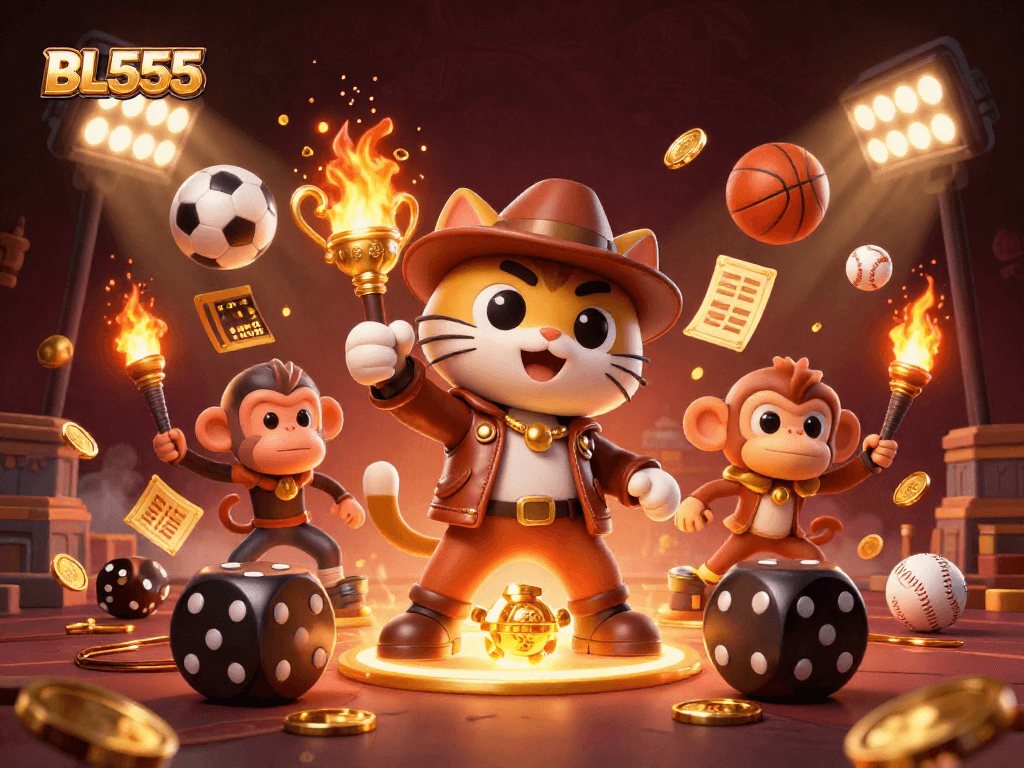 Experience thrilling gaming action at BL555 with a cartoon cat explorer discovering golden casino treasures.