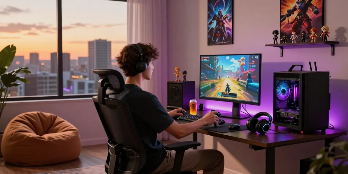 Engaging gacha168 gaming setup in a stylish home office with vibrant graphics and collectibles.