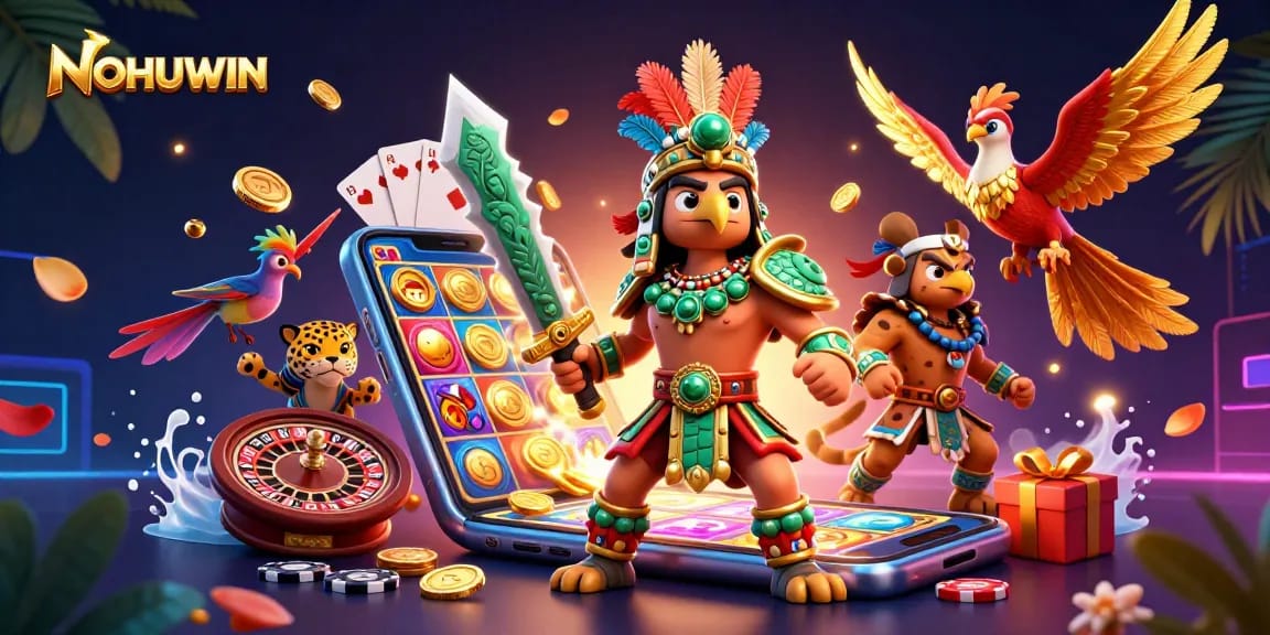 Experience the thrill of NOHUWIN with Aztec warriors, vibrant slot games, and dynamic casino elements.