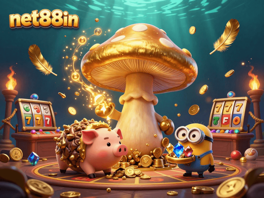 Experience the thrill of net88in with a magical casino scene featuring golden mushroom wizard and treasures.