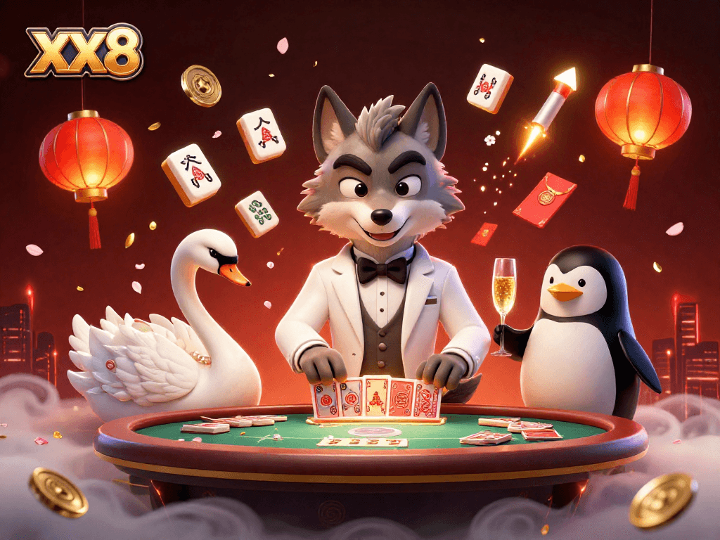 XX8 casino scene featuring a wolf, swan, and penguin celebrating big wins.