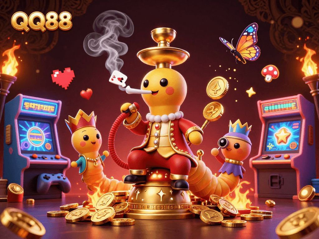 Engage in exciting gameplay at QQ88 featuring a vibrant 3D scene filled with casino elements.