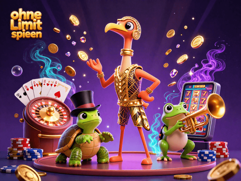 Experience the thrill of ohne Limit spielen with a lively casino scene featuring fun, animated characters.