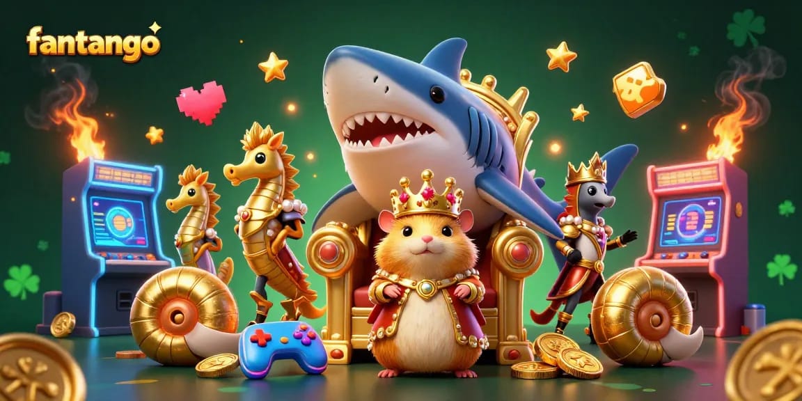 Experience the exciting world of fantango as a golden hamster king rules from his shark throne, surrounded by vibrant gaming elements.