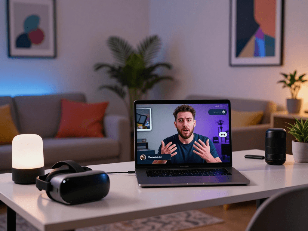 Engaging in a porn AI chat experience with a digital avatar in a modern living room setting.