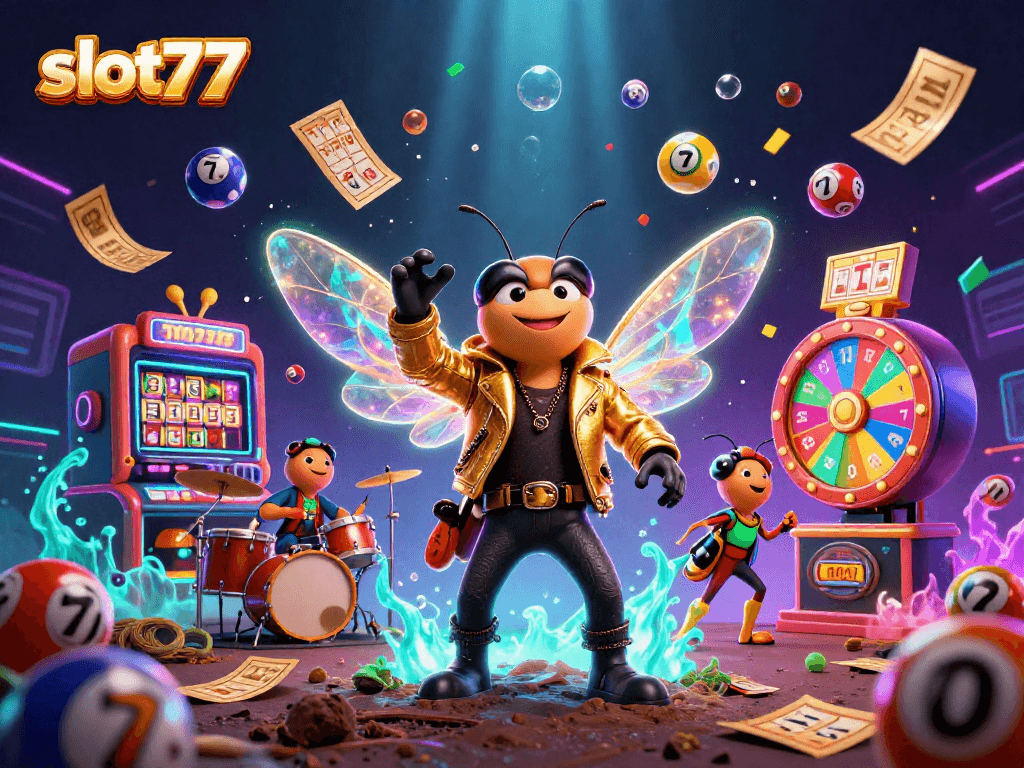Permainan slot777 menarik dengan cicada rock star dan efek menarik di sekelilingnya.