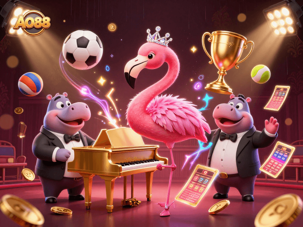 Win big at AO88 with a vibrant casino scene featuring a flamingo singer and animated sports elements.