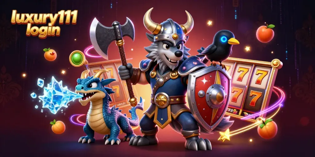 Engage in thrilling gameplay with luxury111 login featuring a Viking warrior, dragon, and slot reels.