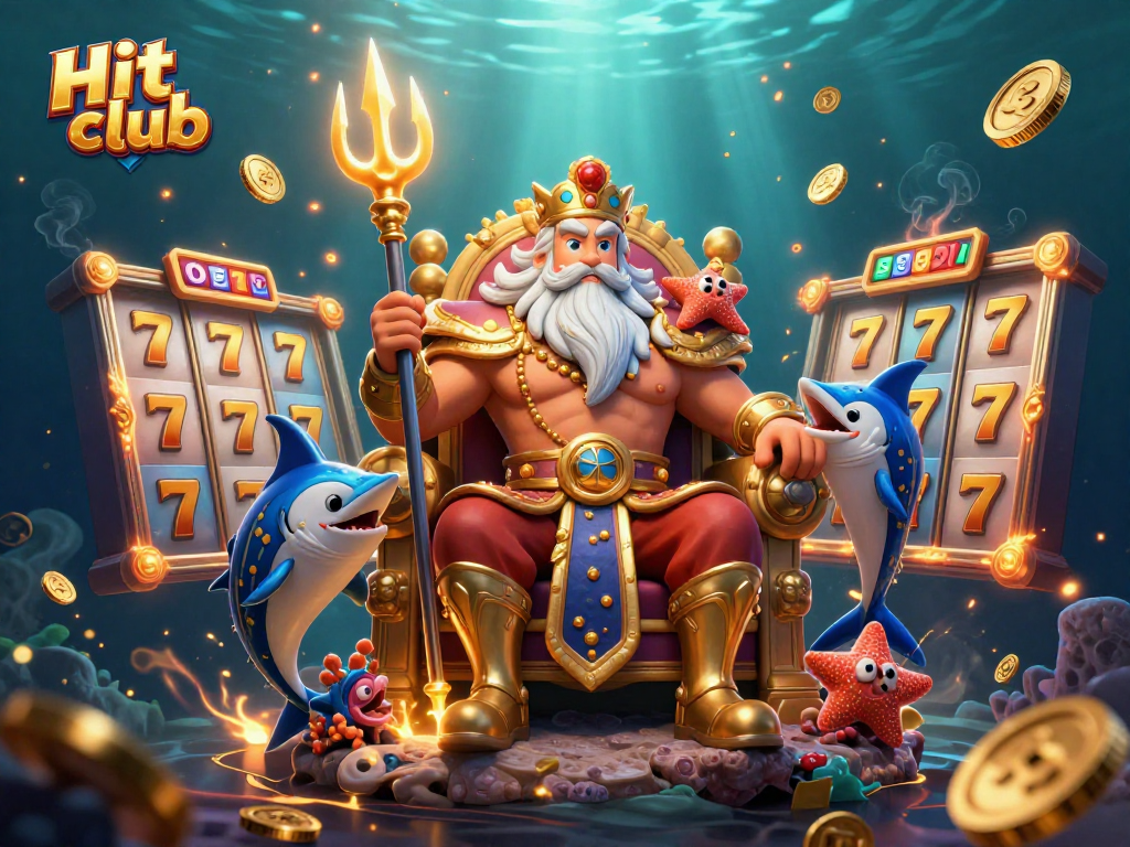 Experience the excitement of Hit club with a vibrant underwater casino scene featuring spinning slots and treasure.