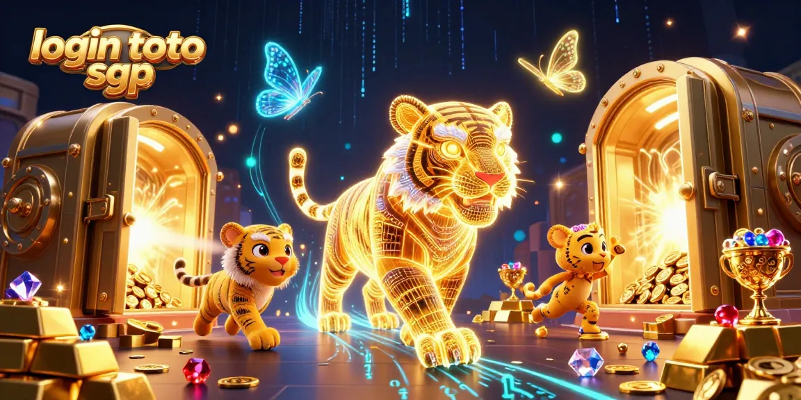 Engage with login toto sgp and experience the vibrant casino ambiance illustrated by a neon-wireframe golden tiger.