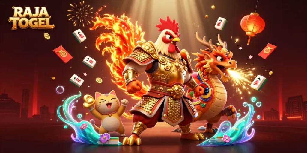 Experience the excitement of RAJA TOGEL with a dynamic illustration of a fiery rooster warrior and dragon.