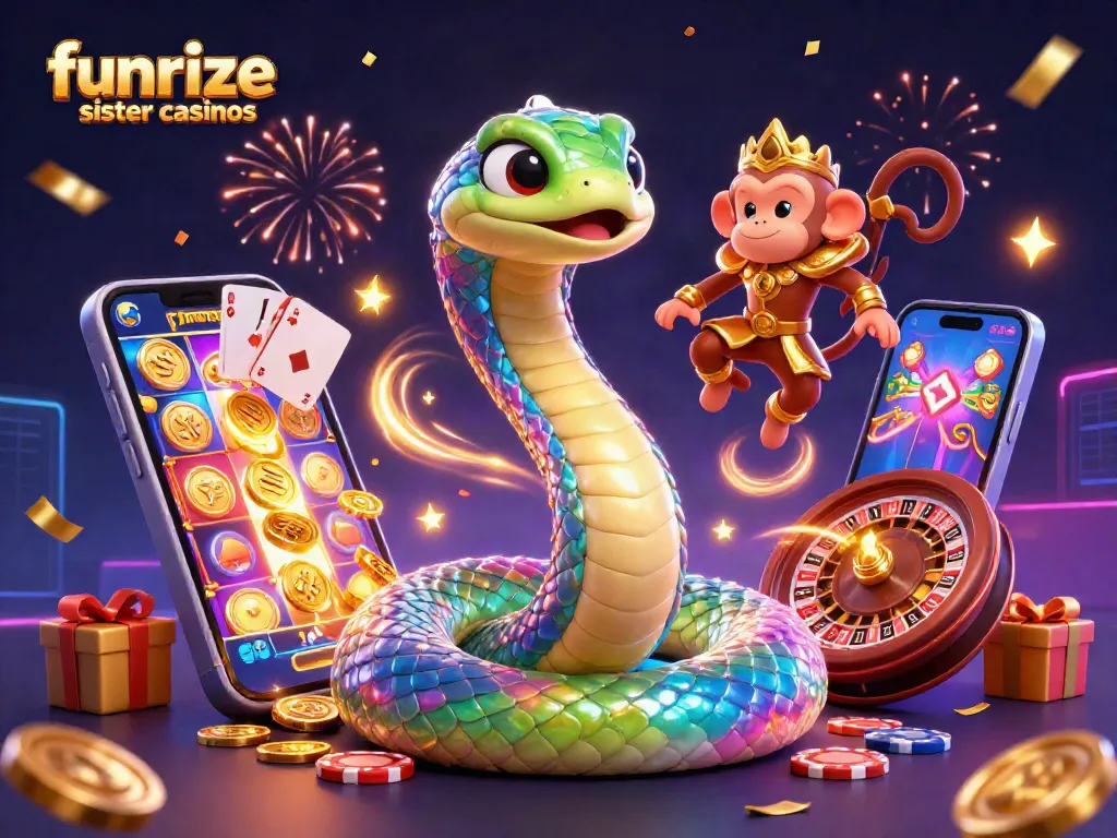 Experience the funrize sister casinos gaming magic with colorful slot games and exciting bonuses in this vibrant 3D illustration.