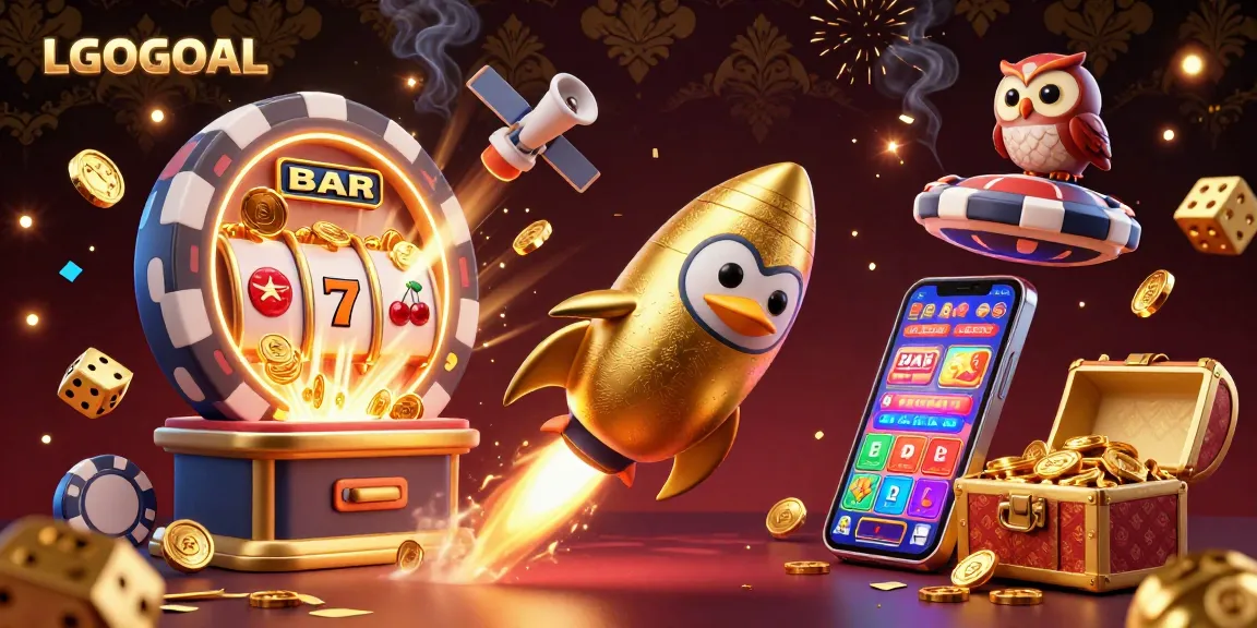 Experience excitement gambling with LGOGOAL as a golden penguin blasts towards a slot machine jackpot.