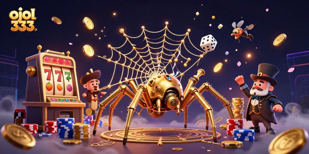 Catch action at ojol 333 with a golden spider weaving a web of fortune, showcasing dynamic slot elements.