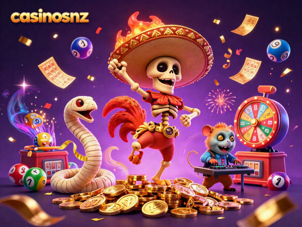 Enjoy the excitement of casinosnz with a festive scene featuring dynamic characters and vibrant gambling elements.