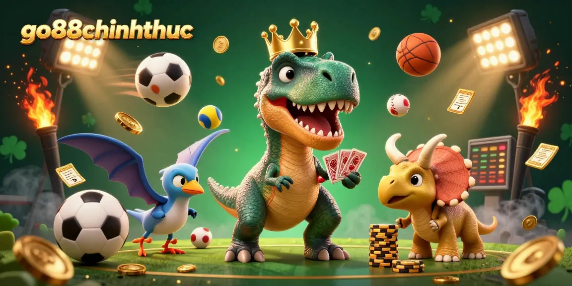 Engage with action-packed gaming at go88chinhthuc featuring a cartoon T-Rex, pterodactyl assistant, and casino elements.