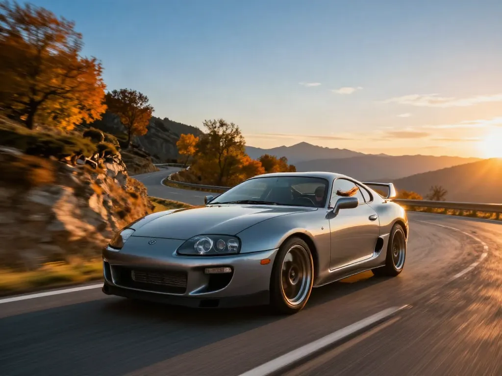 The A80 platform showcased by a dynamic drive of a Toyota Supra on a winding mountain road at sunset.