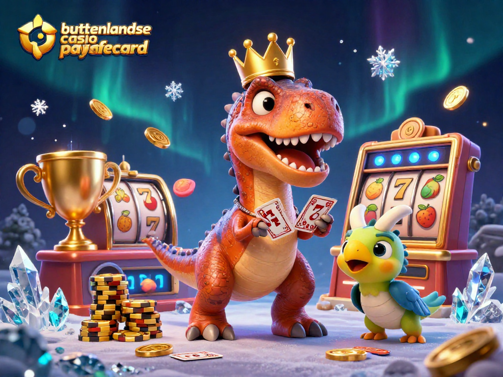 T-Rex memegang kartu di kasino asing paysafecard dengan koin emas dan slot reel