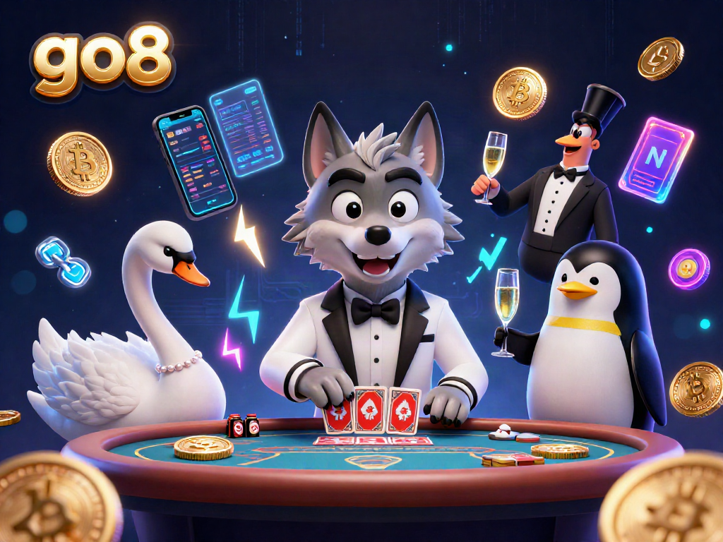 Engage with go8 casino strategies showcased by cartoon characters in a dynamic 3D scene.