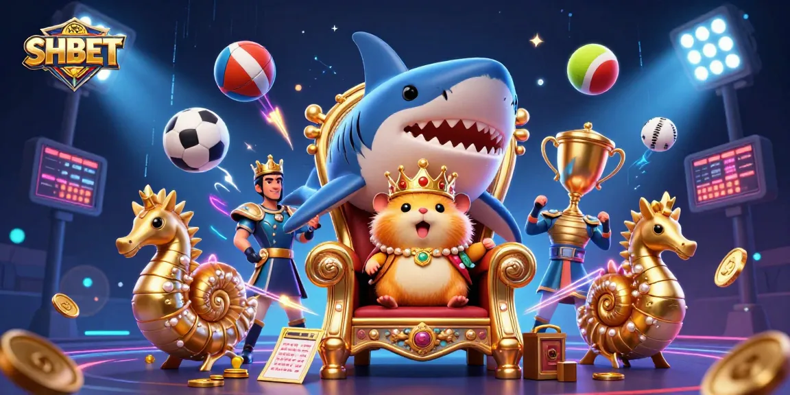 SHBET enhances your gaming experience with a golden hamster king presiding over interactive sports betting elements.