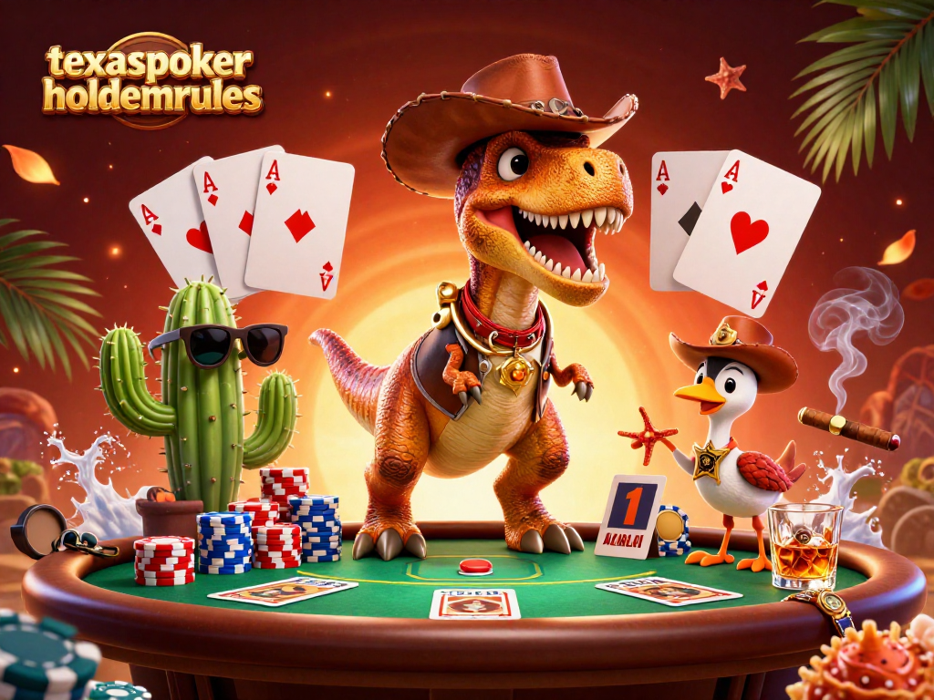 texaspokerholdemrules highlights a lively poker scene with a T-Rex and friends amidst colorful chips.