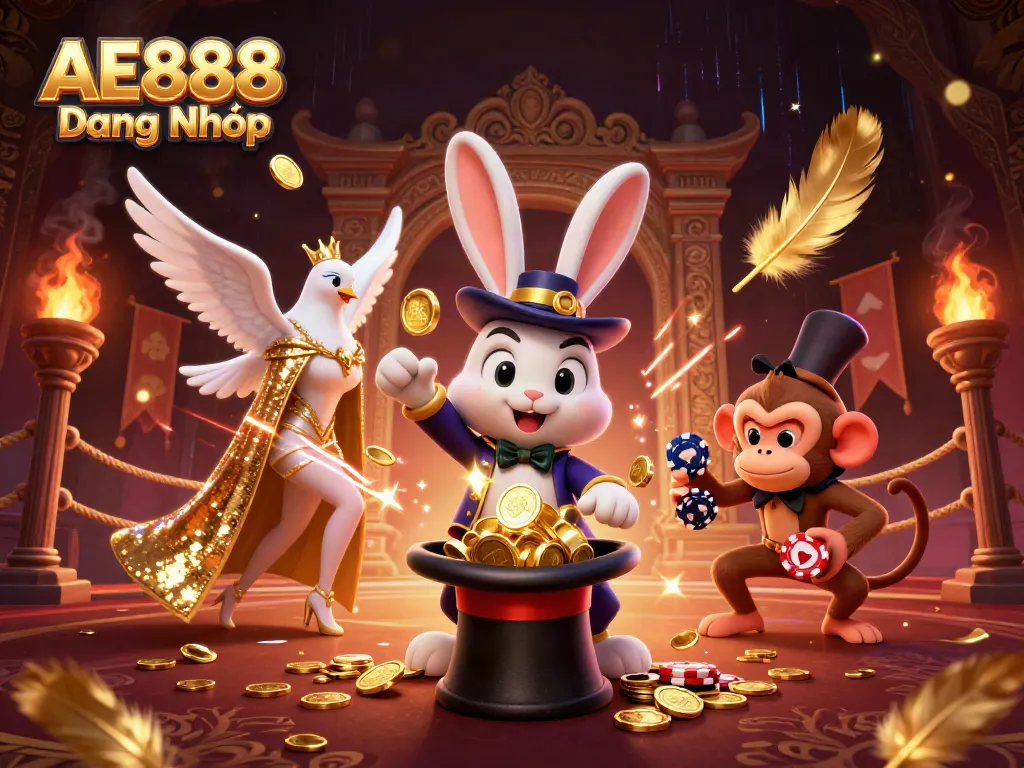Bet and win with AE888 Đăng Nhập, showcasing a magician pulling golden coins in a lively casino scene.