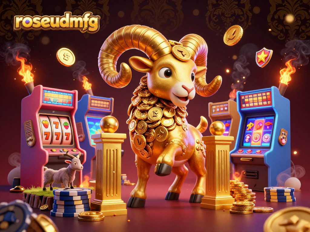 Experience thrilling gameplay with rosebudmfg in this vibrant 3D casino illustration showcasing a charging ram amidst slot machine symbols.