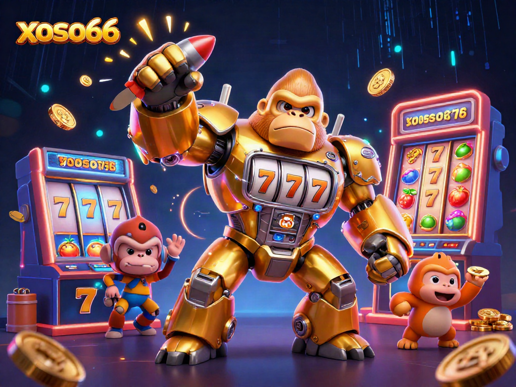 Engage with xoso66's epic jackpot action featuring a golden gorilla mech in a dynamic slots scene.