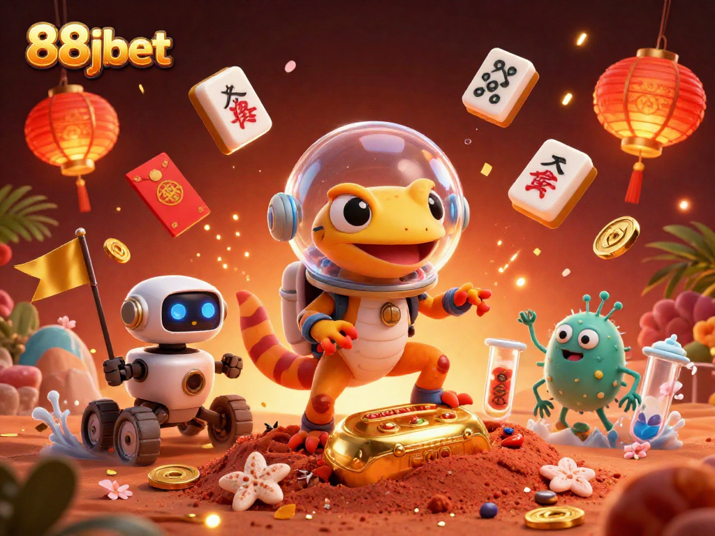 Join 88jbet's Martian gecko at a hidden casino as luck unfolds amidst vibrant gaming elements.