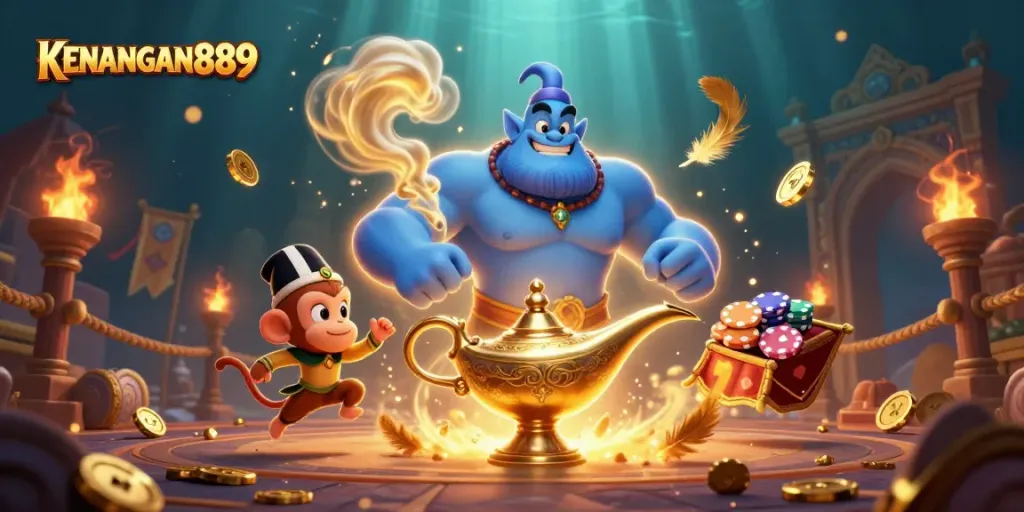 Bet on KENANGAN889 with a lively 3D casino scene showcasing magical elements and poker chips.