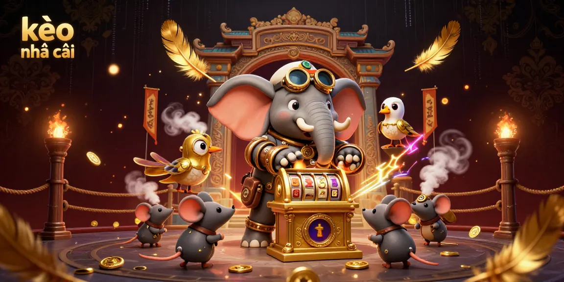 Engage in thrilling sports betting with kèo nhà cái featuring a steampunk elephant operating a golden slot machine amidst action-packed elements.