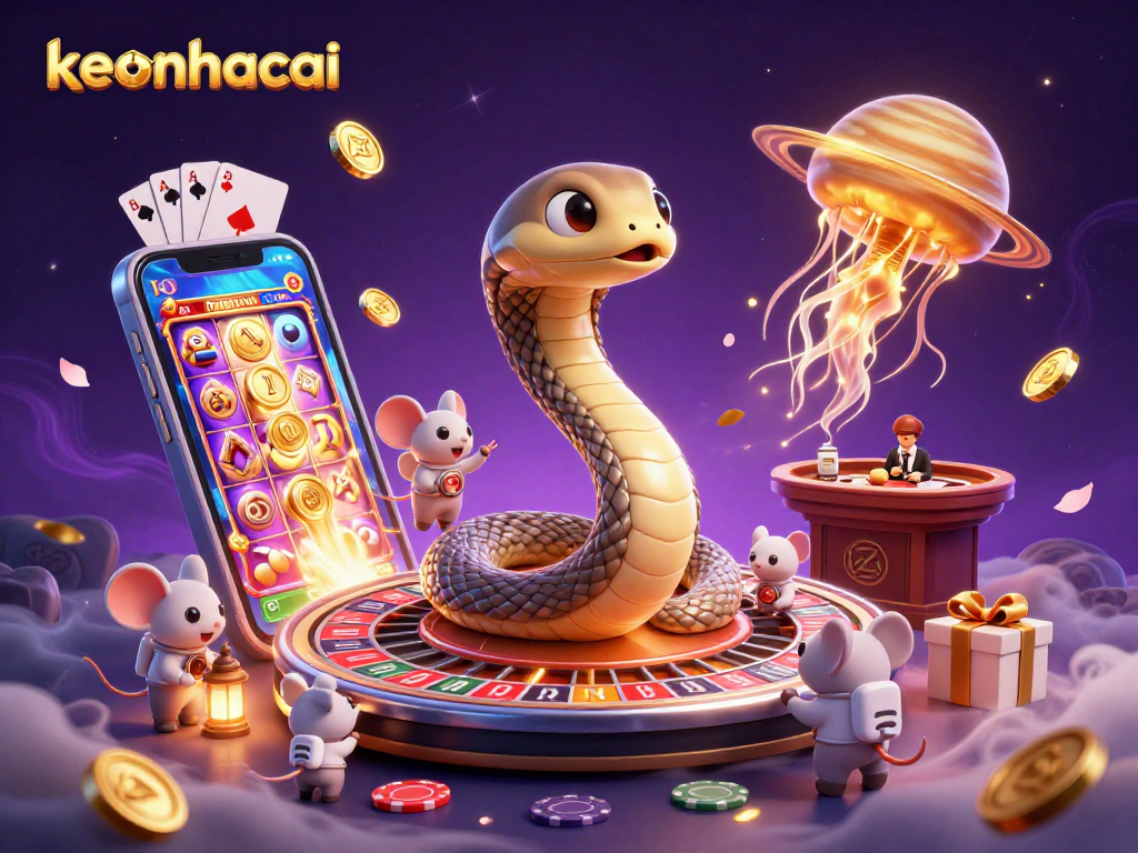 Engage with keonhacai in a thrilling cosmic gambling scene with vibrant characters and games.