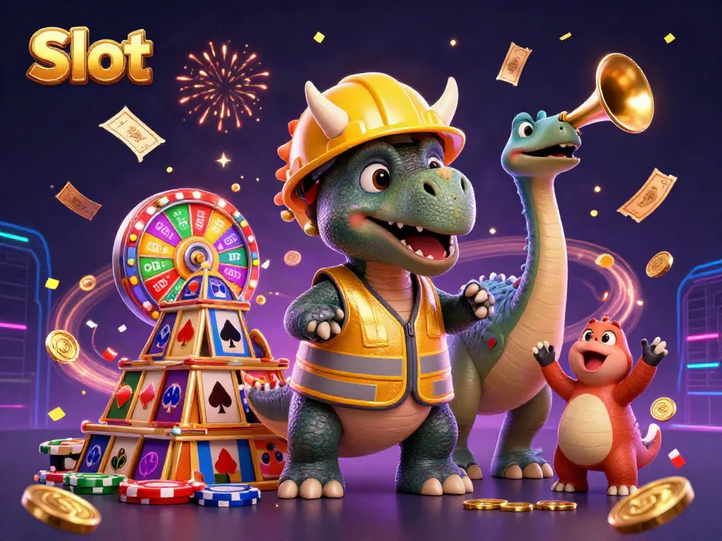 Exciting illustration of Slot games with slot reels, poker chips, and celebrating dinosaurs.