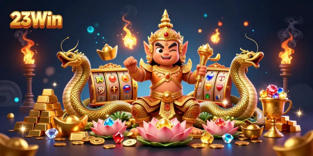 Experience the excitement of 23Win with vibrant slot reels and dynamic 3D characters.