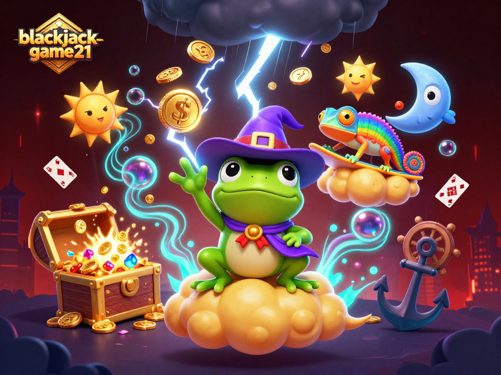 Experience a thrilling moment with blackjack-game21 featuring a colorful storm of coins, cards, and mystical elements.