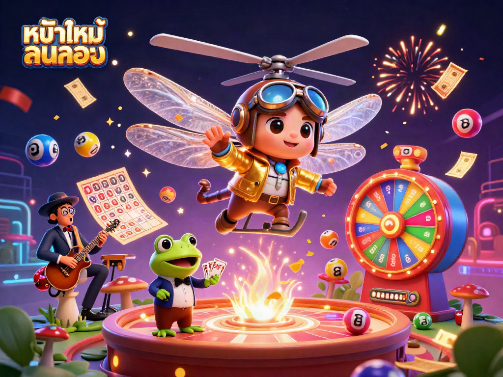 Engage with หนังใหม่ชนโรง at a vibrant lily pad casino scene featuring 3D characters and dynamic gambling elements.