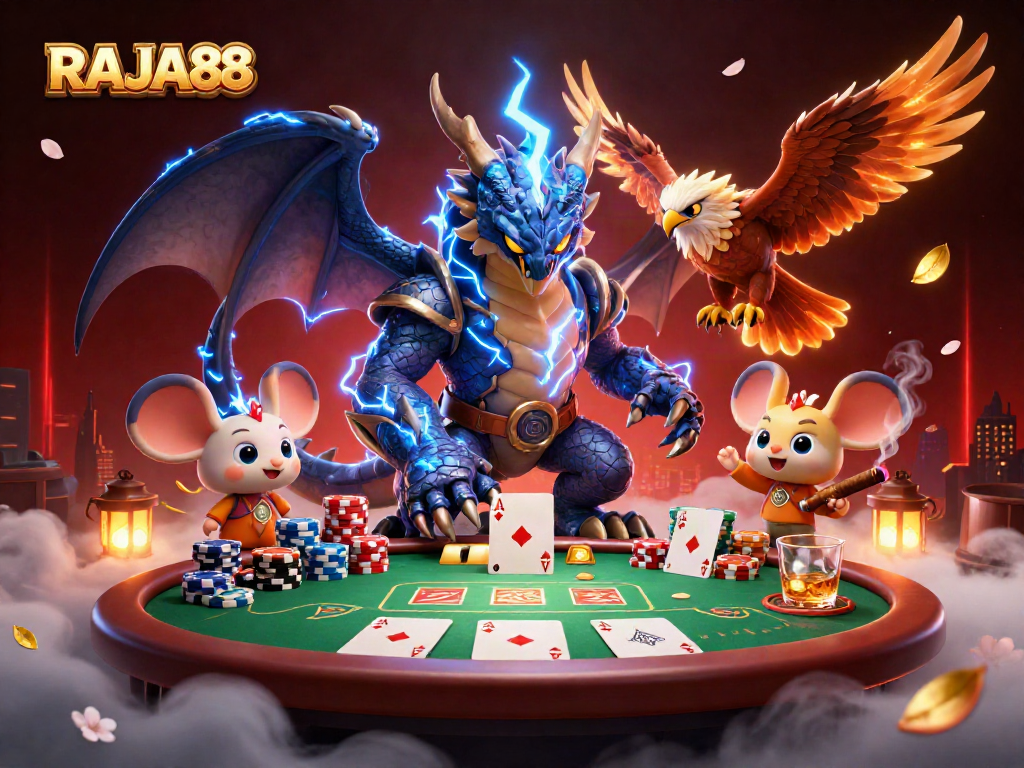 RAJA88 menghadirkan suasana kasino dengan naga 3D yang kuat, burung hawk bercahaya, dan chip poker berwarna-warni.