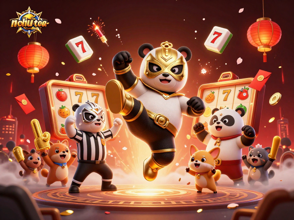 Engage with nohu-toa-thap as a flying panda wrestler kicks off a thrilling slot battle in style.