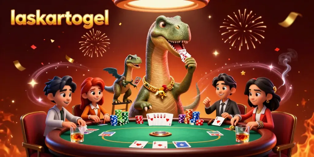 Engage with laskartogel in this dynamic casino illustration featuring a towering brontosaurus and raptor dealer.