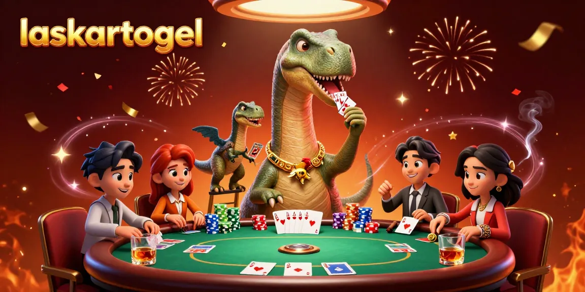 Engage with laskartogel in this dynamic casino illustration featuring a towering brontosaurus and raptor dealer.