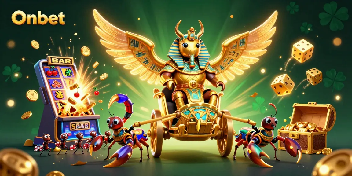Experience Onbet's vibrant casino-themed adventure with a majestic scarab and a jackpot explosion.