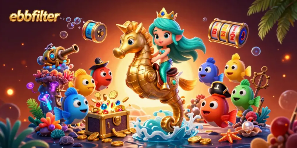 Engage with ebbfilter's exciting online slots amidst a vibrant underwater scene featuring enchanting characters.
