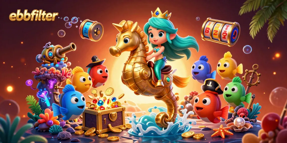 Engage with ebbfilter's exciting online slots amidst a vibrant underwater scene featuring enchanting characters.