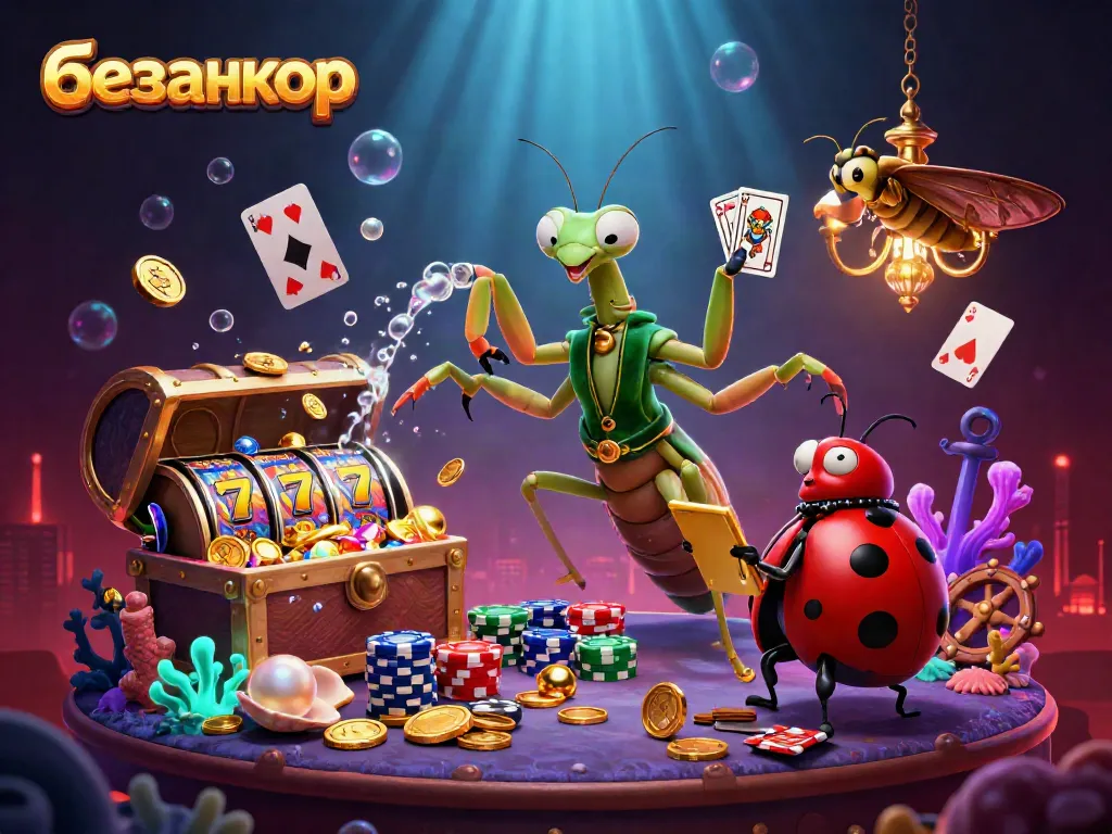 Experience безанкор excitement at a vibrant casino, featuring a card sharp mantis and animated fun.
